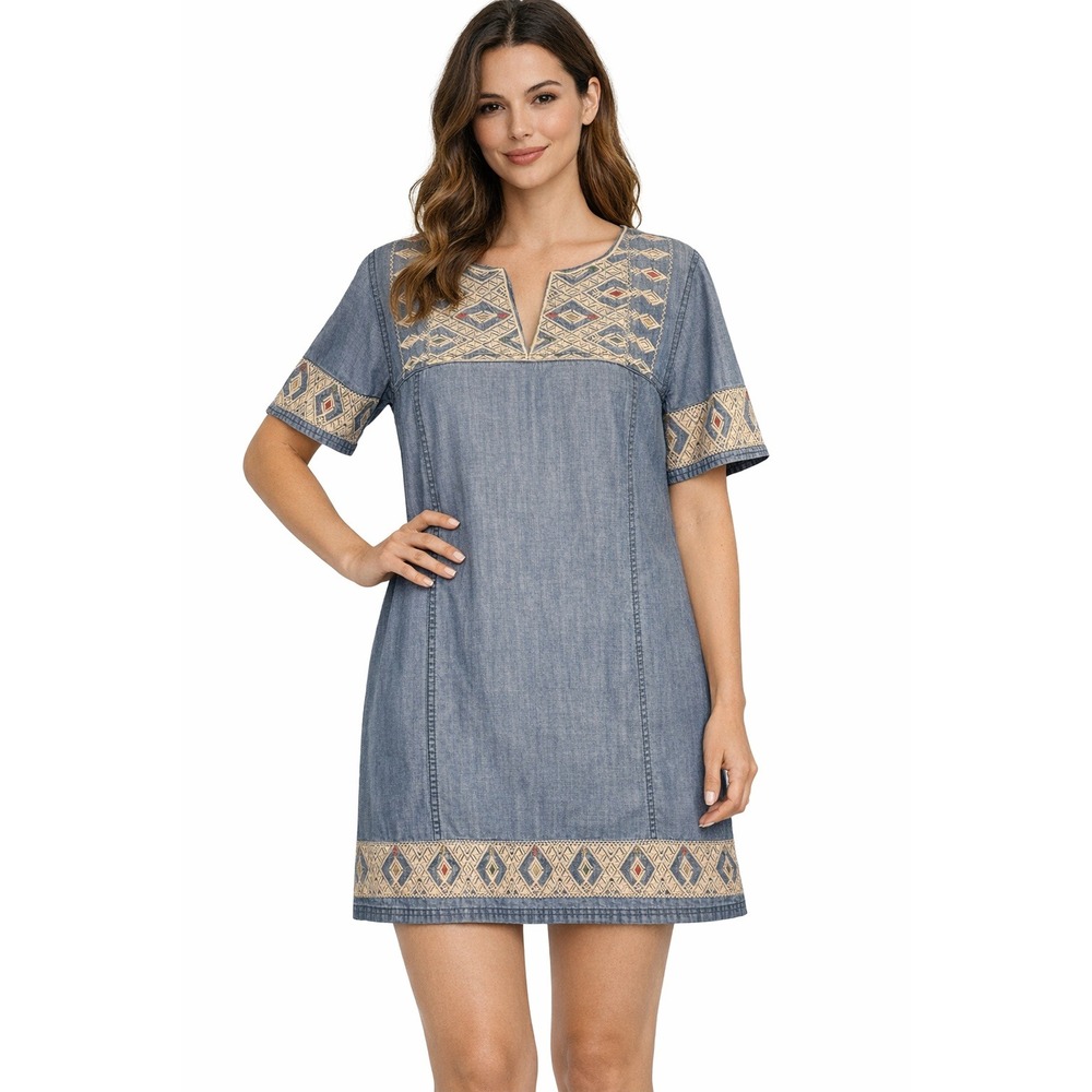 Madewell Chambray Shift Dress Womens XL Blue Embroidered Boho Southwest Aztec